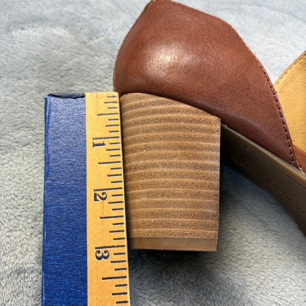Lucky Brand Junai Brown Leather Peep Toe Cutout 3" Block Heel Booties Size 7M - Picture 16 of 16